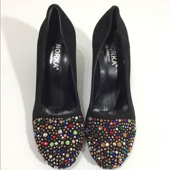 NORKA Black Suede Rhinestone Embellished High Heel Slip-On Pump Shoe NWOT Size 9 - Picture 2 of 11